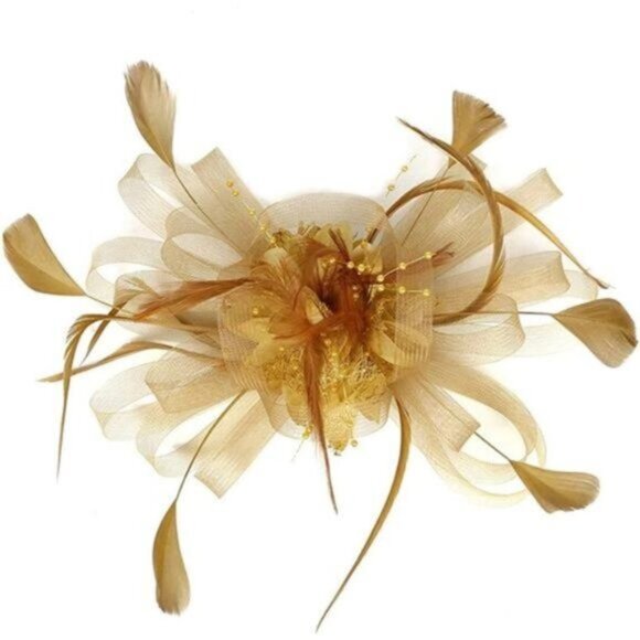 WOMEN'S Fascinator Feather Tea Party Hat Gold - Picture 1 of 6